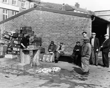 Gutting fish outside a warehouse in Whitby, North Yorkshire, 1959