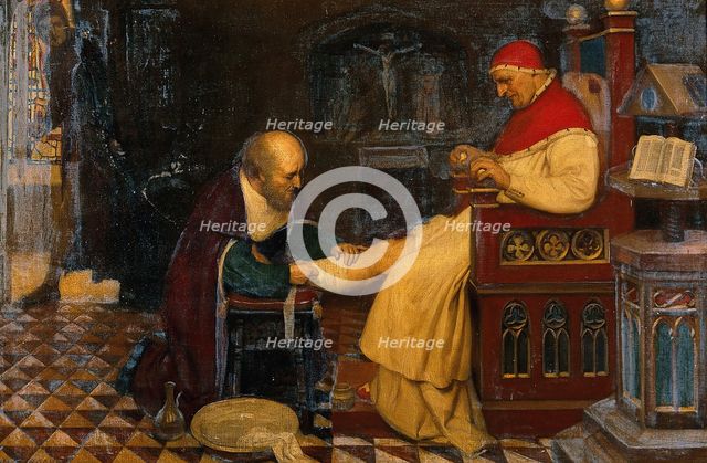 Guy de Chauliac bandaging the leg of Pope Clement VI at Avignon, while Petrarch..., c1348, 1931. Creator: Ernest Board.