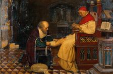 Guy de Chauliac bandaging the leg of Pope Clement VI at Avignon, while Petrarch..., c1348, 1931. Creator: Ernest Board