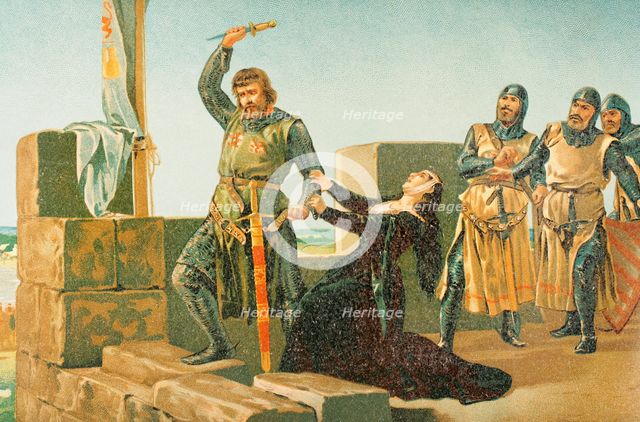 Guzmán the Good throws his dagger at the Muslims during the siege of Tarifa in 1296, 1890.  Creator: Unknown.
