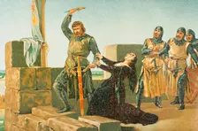 Guzmán the Good throws his dagger at the Muslims during the siege of Tarifa in 1296, 1890. Creator: Unknown