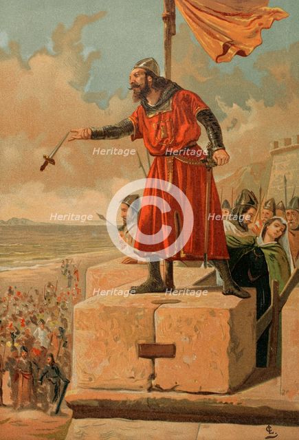 Guzmán the Good throws his dagger at the Muslims during the siege of Tarifa in 1296, 1890.  Creator: Unknown.
