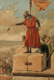 Guzmán the Good throws his dagger at the Muslims during the siege of Tarifa in 1296, 1890. Creator: Unknown