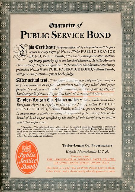 'Guarantee of Public Service Bond - Taylor-Logan Co. Papermakers advert', 1919. Artist: Unknown.