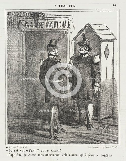 Guarde Nationale -Où est votre fusil? Votre sabre? -Capitaine, je cesse mes armements..., 1867. Creator: Cham.