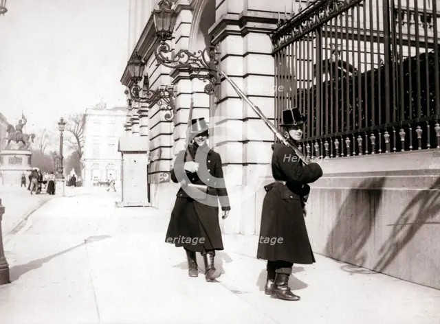 Guards patrolling, Brussels, 1898.Artist: James Batkin