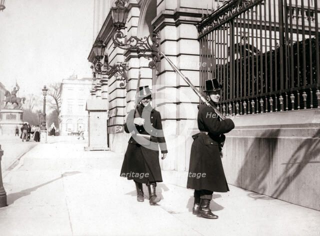 Guards patrolling, Brussels, 1898.Artist: James Batkin