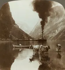 Gudvangen's outlook over the Naerofjord where the sea reaches far in among the mountains, Norway Creator: Unknown