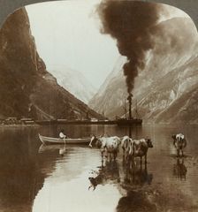 Gudvangen's outlook over the Naerofjord where the sea reaches far in among the mountains, Norway Creator: Unknown