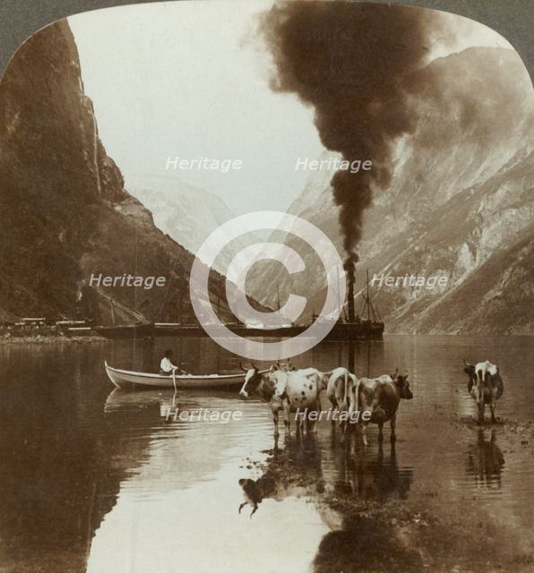 'Gudvangen's outlook over the Naerofjord where the sea reaches far in among the mountains, Norway',  Creator: Unknown.