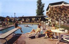 Guests relaxing by the swimming pool, 20th Century Motor Lodge, Glendora, California, USA, 1958