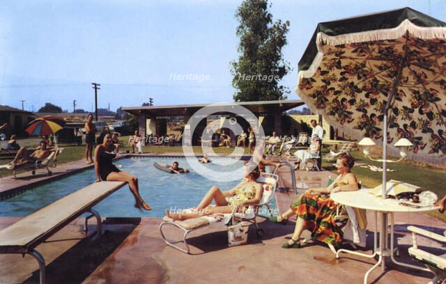 Guests relaxing by the swimming pool, 20th Century Motor Lodge, Glendora, California, USA, 1958. Artist: Unknown