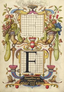 Guide for Constructing the Letter F; Mira calligraphiae monumenta, about 1591-1596. Creator: Joris Hoefnagel