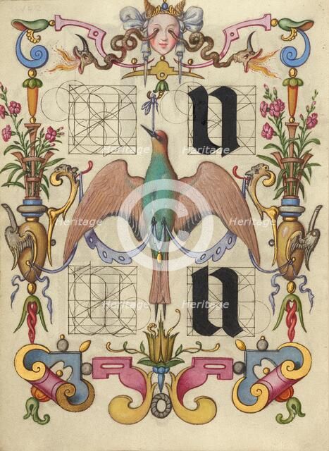 Guide for Constructing the Letters u and v; Mira calligraphiae monumenta, about 1591-1596. Creator: Joris Hoefnagel.