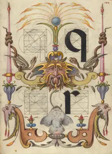 Guide for Constructing the Letters q and r; Mira calligraphiae monumenta, about 1591-1596. Creator: Joris Hoefnagel