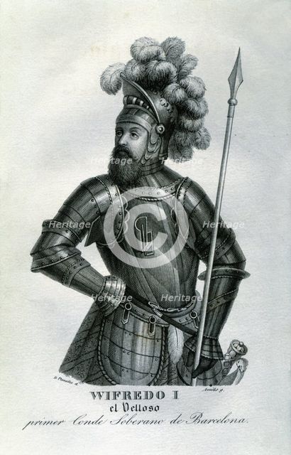 Guifre I 'the Hairy' (840 - 897), count of Cerdanya, Urgell, Barcelona, Girona and Besalú, engrav…