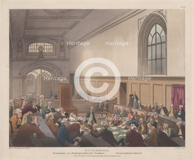 Guildhall, Examination of a Bankrupt before his Creditors (Microcosm of London..., November 1, 1808. Creator: J. Bluck.