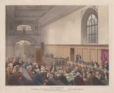 Guildhall, Examination of a Bankrupt before his Creditors (Microcosm of London..., November 1, 1808. Creator: J. Bluck