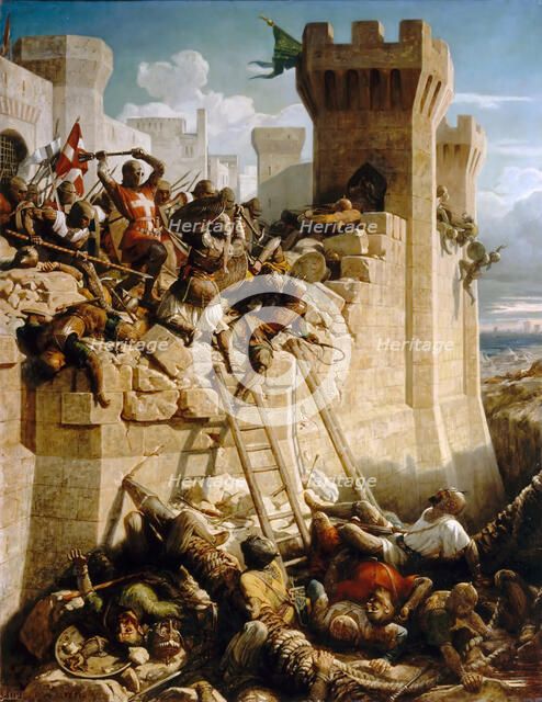 Guillaume de Clermont defending the walls at the Siege of Acre, 1291. Artist: Papety, Dominique (1815-1849)