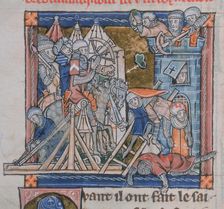 Guinevere besieged in the Tower of London by Mordred, c1300-c1310. Creator: Unknown