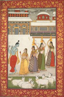 Gujari Ragini (Krishna with Gopis Playing the Flute), from a "Ragamala Series", mid 1700s. Creator: Unknown