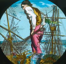 Gulliver captures the Blefuscudians ships, lantern slide, late 19th century. Creator: Unknown