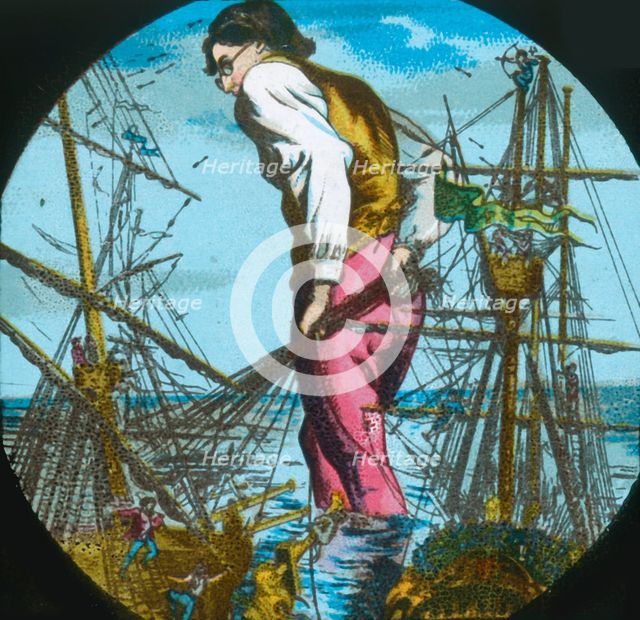 Gulliver captures the Blefuscudians' ships, lantern slide, late 19th century.  Creator: Unknown.