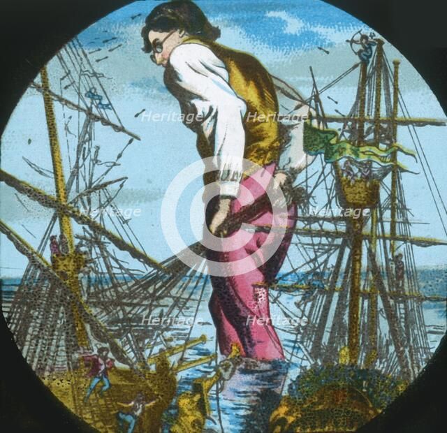 Gulliver captures the Blefuscudians' ships, lantern slide, late 19th century.  Creator: Unknown.