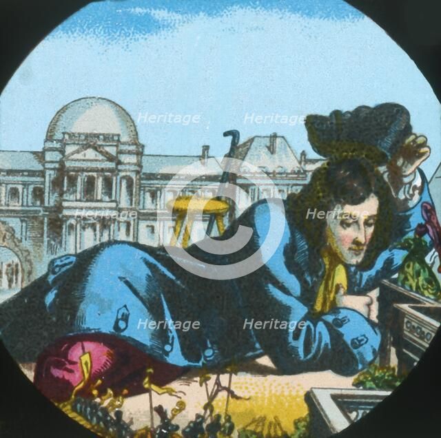 Gulliver at the royal palace of the Lilliputians, lantern slide, late 19th century. Creator: Unknown.