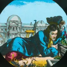 Gulliver at the royal palace of the Lilliputians, lantern slide, late 19th century. Creator: Unknown