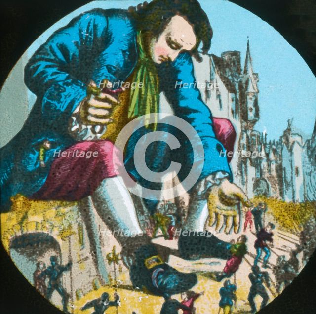 Gulliver frees the ringleaders of an attack against him, lantern slide, late 19th century. Creator: Unknown.