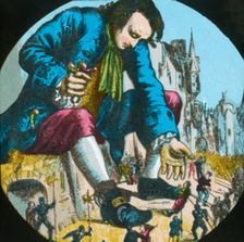 Gulliver frees the ringleaders of an attack against him, lantern slide, late 19th century. Creator: Unknown