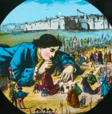 Gulliver is granted his freedom, lantern slide, late 19th century. Creator: Unknown