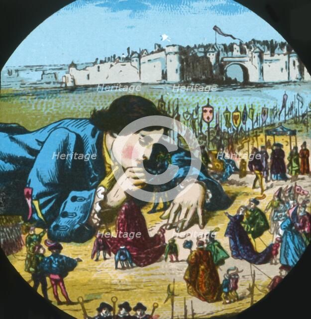 Gulliver is granted his freedom, lantern slide, late 19th century. Creator: Unknown.