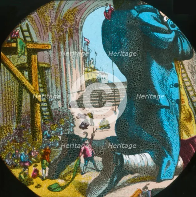 Gulliver is measured for a suit of clothes, lantern slide, late 19th century.  Creator: Unknown.