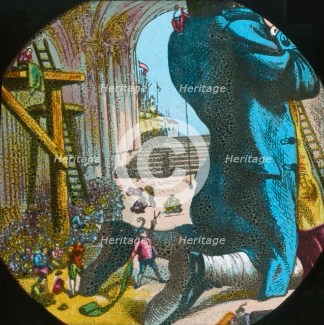 Gulliver is measured for a suit of clothes, lantern slide, late 19th century.  Creator: Unknown.