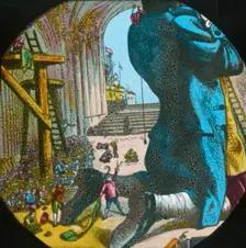 Gulliver is measured for a suit of clothes, lantern slide, late 19th century. Creator: Unknown