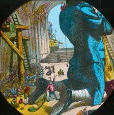 Gulliver is measured for a suit of clothes, lantern slide, late 19th century. Creator: Unknown