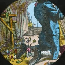 Gulliver is measured for a suit of clothes, lantern slide, late 19th century. Creator: Unknown