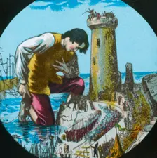 Gulliver is thanked by the emperor of Lilliput..., lantern slide, late 19th century. Creator: Unknown