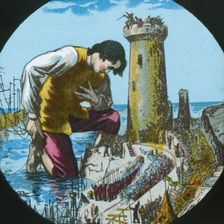 Gulliver is thanked by the emperor of Lilliput..., lantern slide, late 19th century. Creator: Unknown