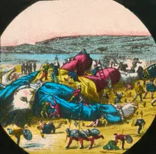 Gulliver is tied up by the Lilliputians, lantern slide, late 19th century. Creator: Unknown