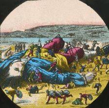 Gulliver is tied up by the Lilliputians, lantern slide, late 19th century. Creator: Unknown