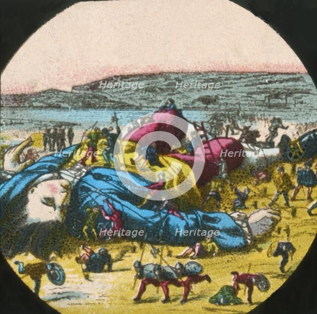 Gulliver is tied up by the Lilliputians, lantern slide, late 19th century. Creator: Unknown.