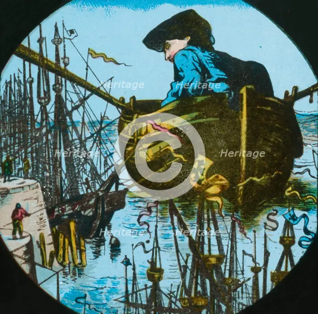 Gulliver leaves Lilliput, lantern slide, late 19th century. Creator: Unknown.