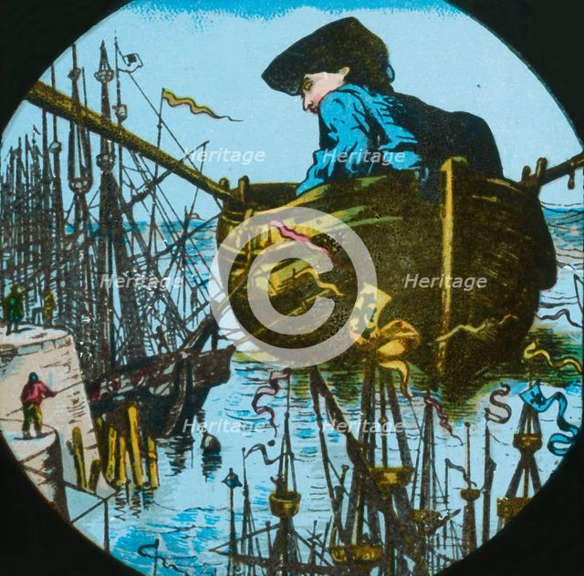 Gulliver leaves Lilliput, lantern slide, late 19th century. Creator: Unknown.