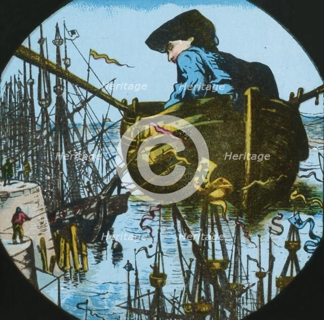 Gulliver leaves Lilliput, lantern slide, late 19th century. Creator: Unknown.