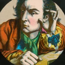 Gulliver listens to a Lilluputian reading a proclamation, lantern slide, late 19th century. Creator: Unknown