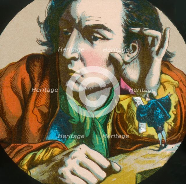Gulliver listens to a Lilluputian reading a proclamation, lantern slide, late 19th century.  Creator: Unknown.