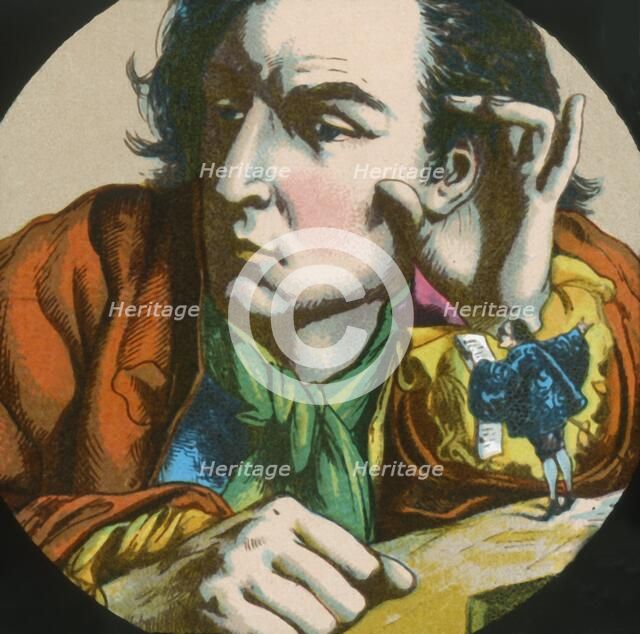 Gulliver listens to a Lilluputian reading a proclamation, lantern slide, late 19th century.  Creator: Unknown.